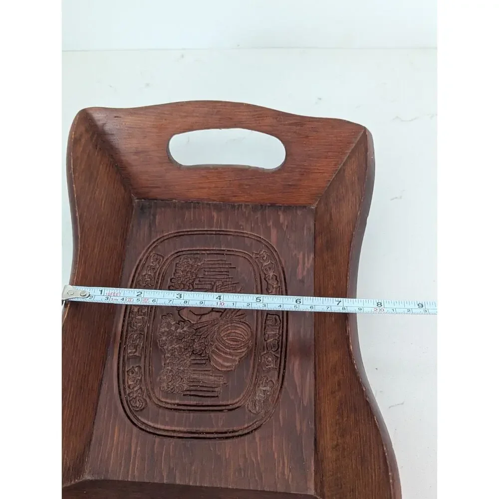 Vtg Wooden Hand carved Bread Tray/Basket Harvest Scene Handles Farmhouse EUC